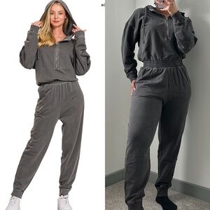 NEW Zenana Ash Black French Terry Cotton Hooded Jogger Jumpsuit Size Medium